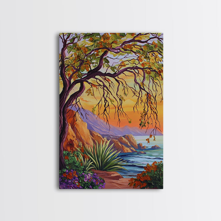 Coastal Tree View, Ocean Cliff Art, Sunset Seascape Painting, Nature Wall Decor, Framed Canvas Print, Hallway Wall Art, beach house art