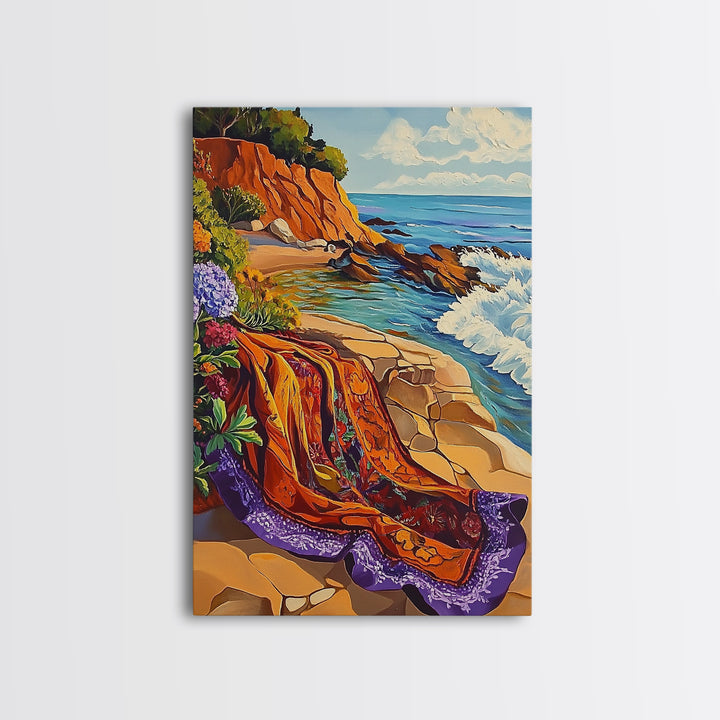 Ocean Blanket, Coast, Framed Canvas Print, Coastal boho art, beach blanket painting, vibrant seashore scene, bedroom wall art, summer vibes