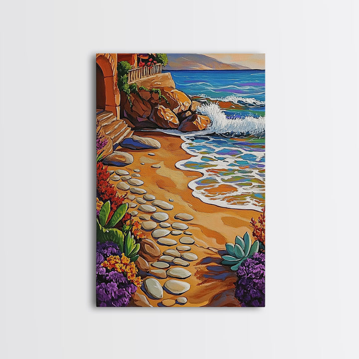 Coastal Path, Beach Steps, Ocean View, Canvas Print, tropical art, relaxing decor, vibrant seascape, Bathroom Wall Art