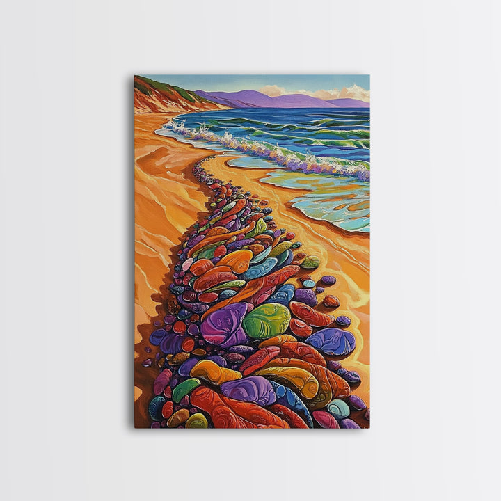 Colorful Rocks, Coastal Art, Vibrant Beach, Framed Canvas Print, nature-inspired painting, whimsical art, Hallway Wall Art