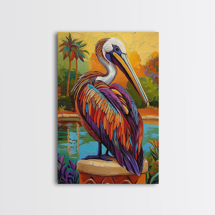 Pelican Portrait, Coastal Bird, Tropical Scene, Canvas Print, beach house decor, boho coastal art, Wildlife Painting, Living Room Wall Art
