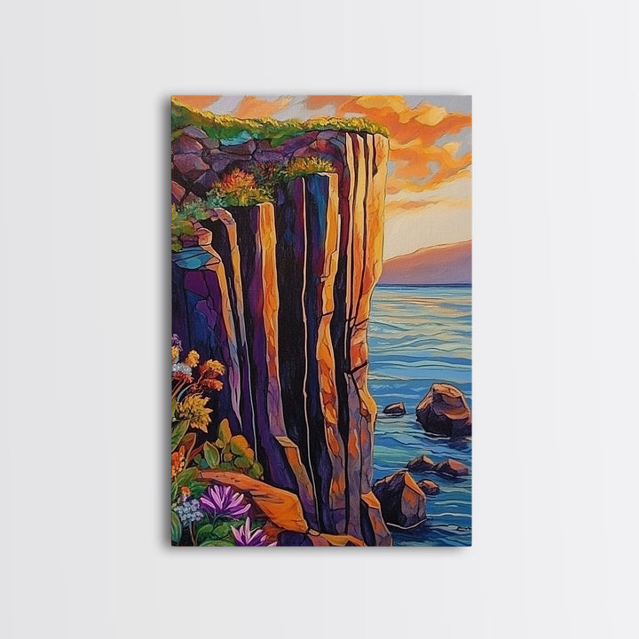 Cliff Sunset, Sea, Canvas Print, Bold coastal wall art, rocky cliff painting, dramatic sunset scene, office or den decor, nature inspired art