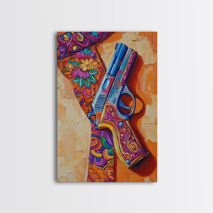 Bold Gun Art, Floral Pistol, Vibrant Western, Pop Art, Framed Canvas Print, Man Cave Wall Art, boho western decor, edgy wall art
