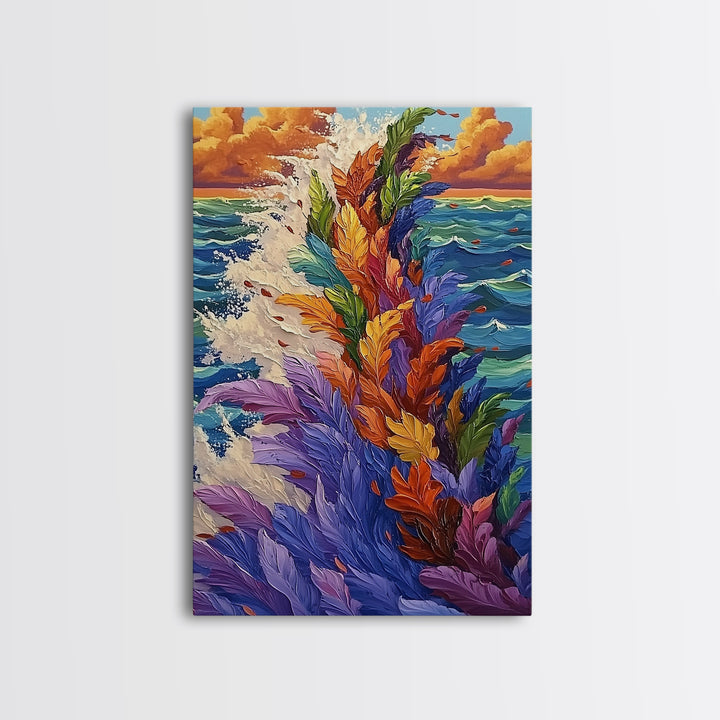 Ocean Feathers, Splash Art, Bright Abstract, Color Burst, Framed Canvas Print, Living Room Wall Art, modern tropical art, bold color