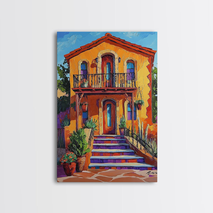 Adobe House, Vibrant Southwest, Fall Architecture Wall Art, Canvas Print, Rustic Staircase Scene, Boho Living Room Decor, Warm Entryway Art