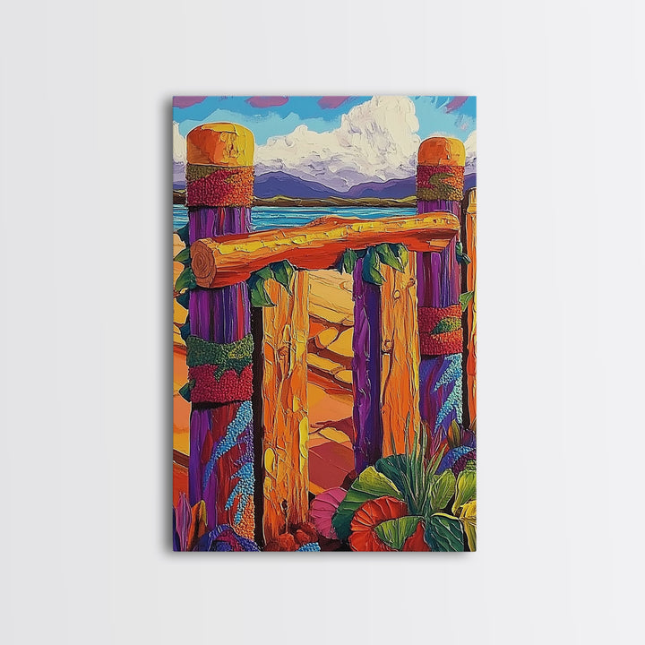 Coastal Fence, Sunset Vibes, Colorful Beach, Ocean Breeze, Framed Canvas Print, Beach House Wall Art, Vibrant Seascape, Tropical Boho Art
