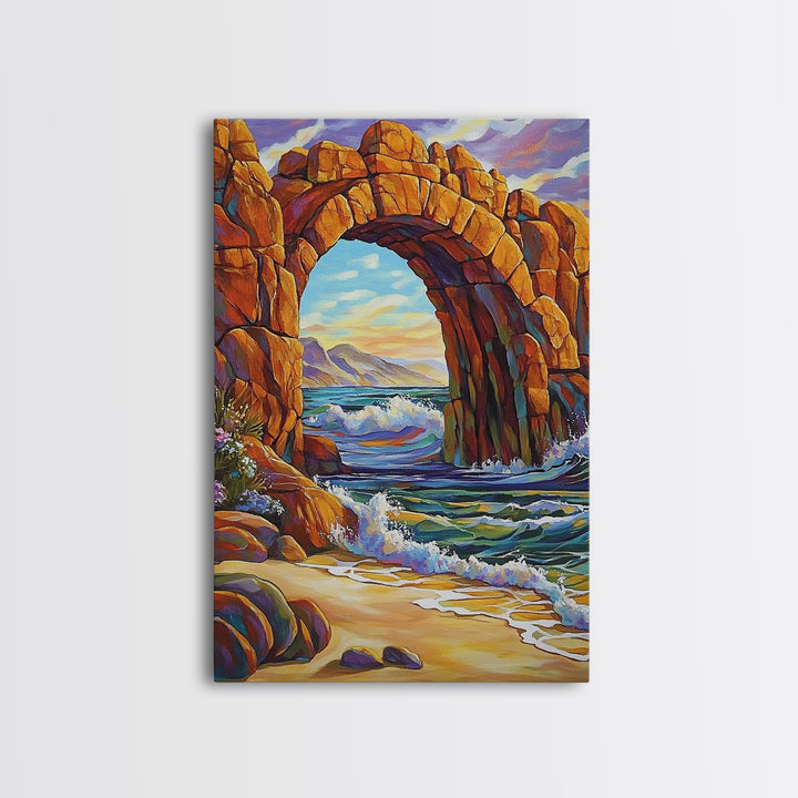Ocean Arch, Wave Drama, Cliff Coast, Sunset Light, Framed Canvas Print, Living Room Wall Art, Coastal Landscape, Nature Inspired Art