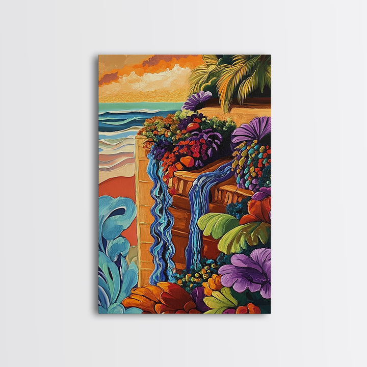 Tropical Garden Waterfall, Coastal Wall Art, Sunset Jungle Scene, Framed Canvas Print, Vibrant Nature Painting, Living Room Boho Art