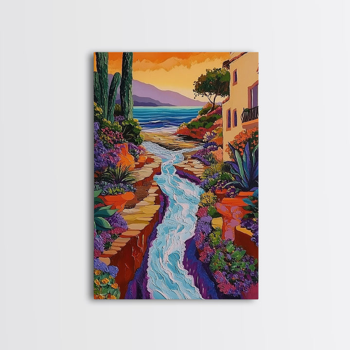 Coastal Pathway Stream, Sunset Cactus Art, Vibrant Garden Trail, Canvas Print, Mediterranean Landscape, Kitchen Wall Decor, Boho Art