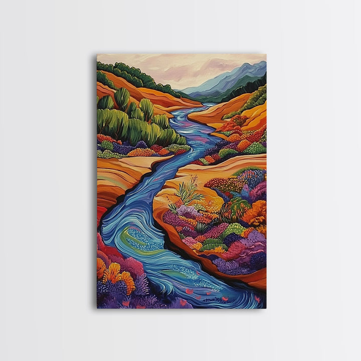 Autumn River Valley, Floral Hillside Art, Bright Fall Landscape, Framed Canvas Print, Seasonal Wall Decor, Living Room Autumn Art