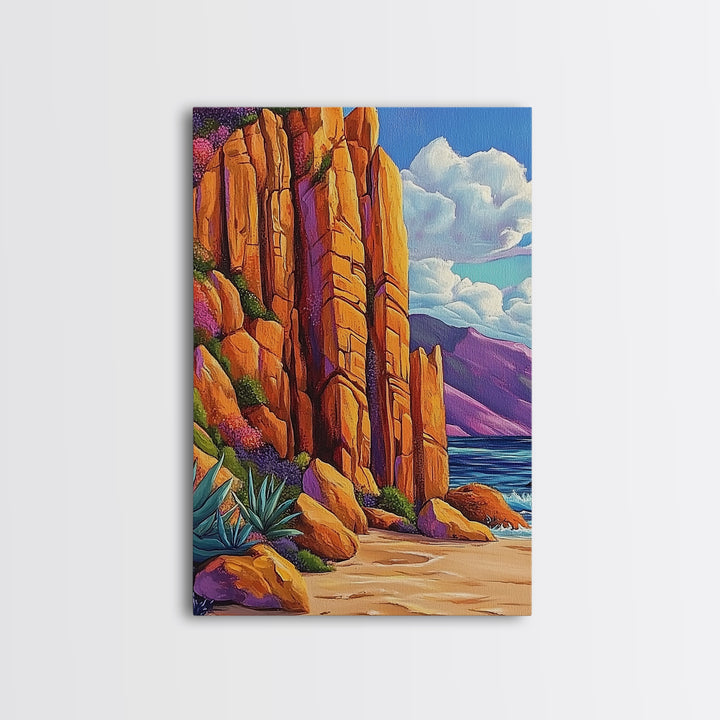 Desert Cliffs and Sea, Coastal Rock Formation, Vibrant Shoreline Scene, Canvas Print, Living Room Wall Art, Bold Nature Painting