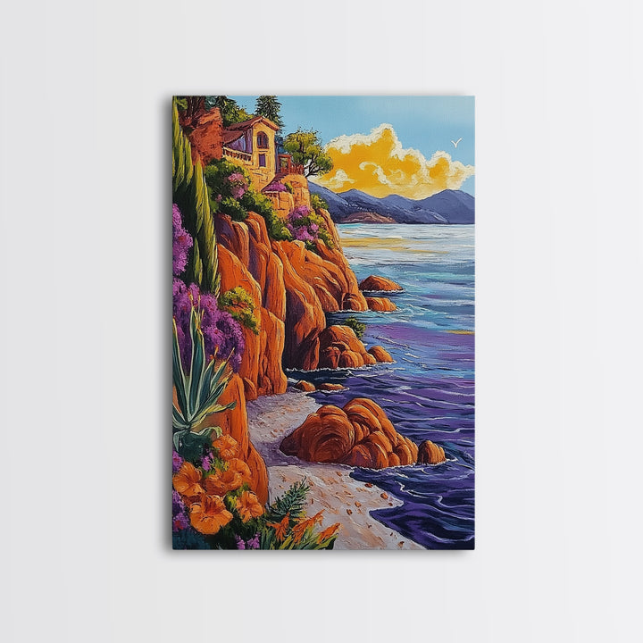 Ocean Cliffside Villa, Seaside Sunset Art, Purple Water Shoreline, Canvas Print, Kitchen Wall Art, Vibrant Mediterranean Landscape