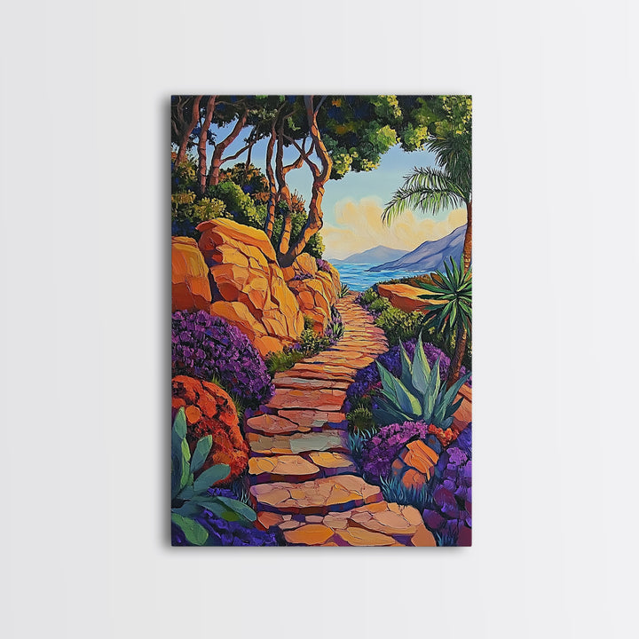 Coastal Trail, Vibrant Path, Tropical Landscape, Nature Art, Sunset Vibes, Living Room Wall Art, Canvas Print, Boho Chic Decor