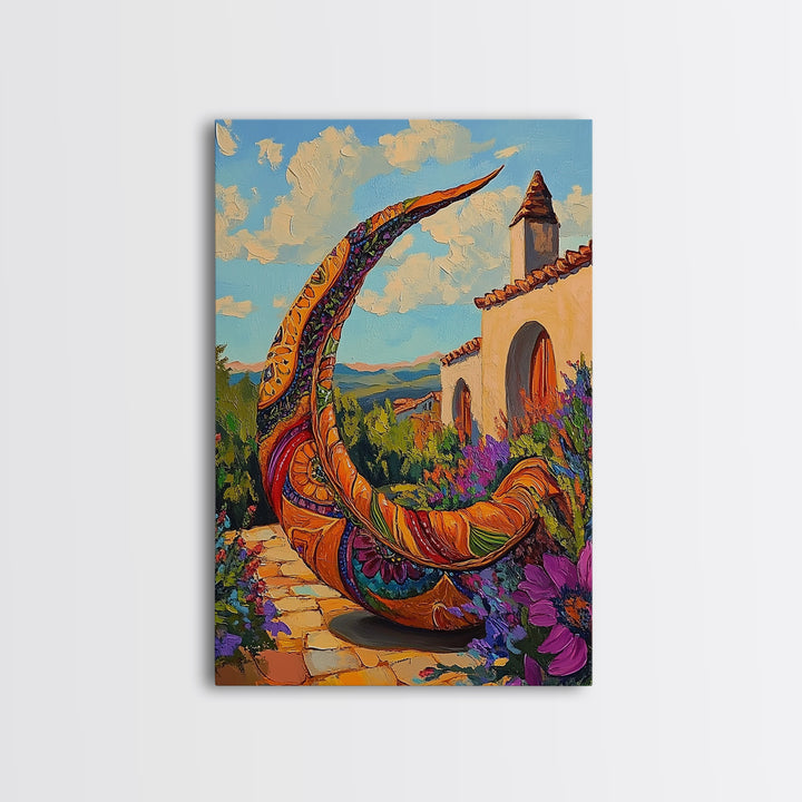 Crescent Sculpture, Sunset Courtyard, Boho Garden Art, Vibrant Southwest Style, Outdoor Decor, Framed Canvas Print, Patio Wall Art