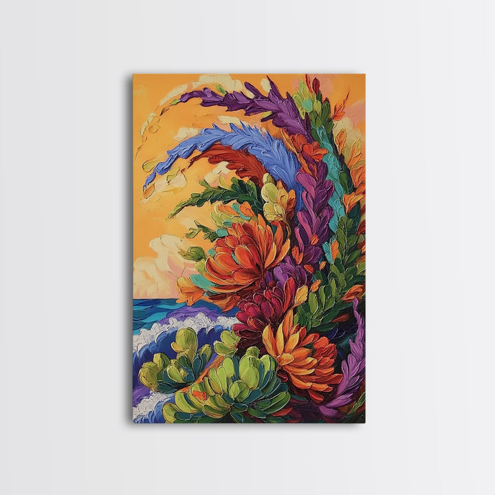 Abstract Florals, Bold Beach Scene, Coastal Flower Art, Vibrant Wall Accent, Kitchen Wall Art, Boho Style, Canvas Print, Sunset Tones