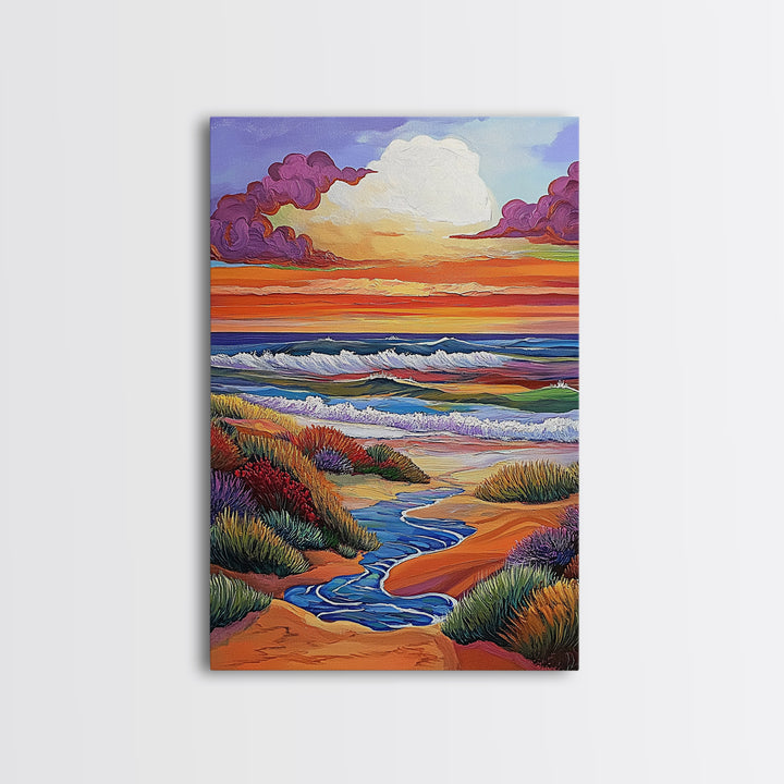 Coastal Sunset, Rolling Waves, Vibrant Beachscape, Boho Ocean Scene, Living Room Wall Art, Seaside Decor, Framed Canvas Print