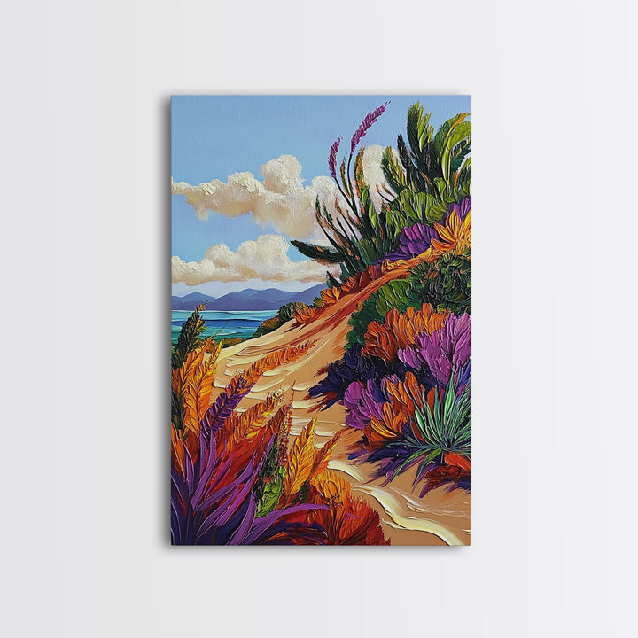 Ocean Cliff Path, Colorful Flora, Coastal Desert View, Summer Breeze Art, Beach House Wall Art, Canvas Print, Boho Nature Style