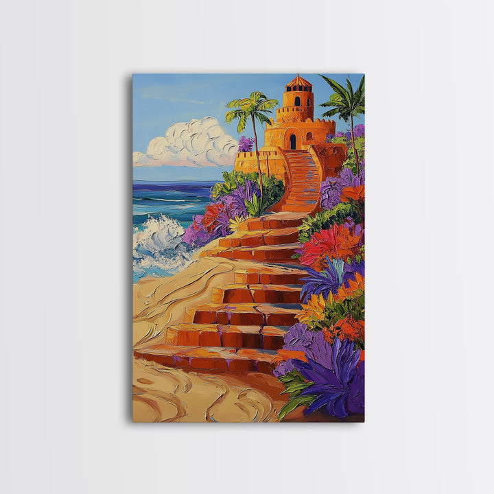 Coastal Castle, Vibrant Tropics, Seaside Fantasy Art, Bold Beach Decor, Playful Wall Accent, Framed Canvas Print, Tropical Style Room