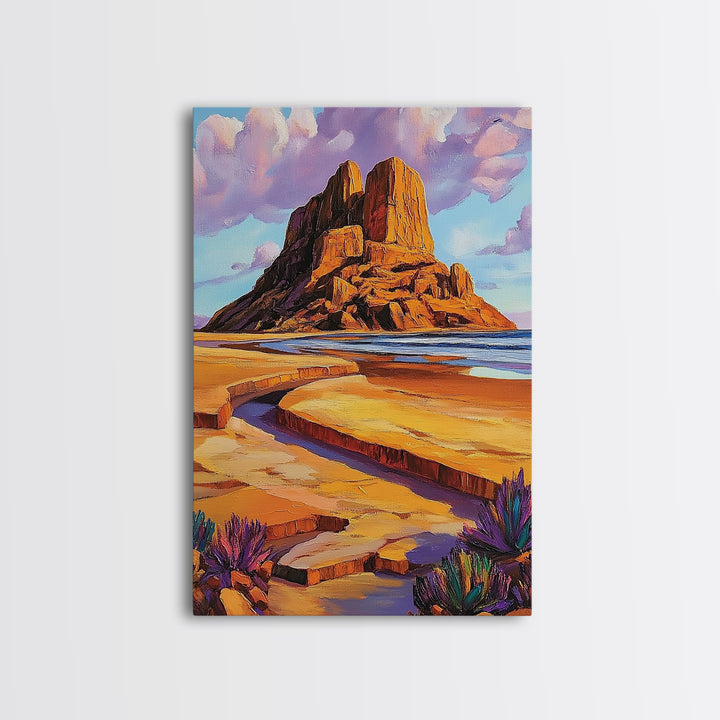 Desert Monolith, Canyon Rock, Purple Sky, Southwest Vibes, Framed Canvas Print, Boho Wall Art, Desert Landscape, Office Wall Decor