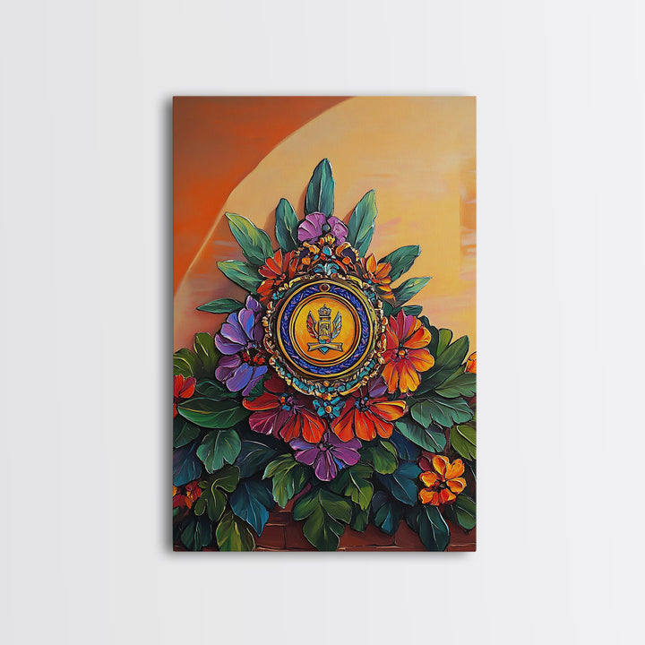 Royal Crest, Floral Emblem, Mediterranean Decor, Vibrant Details, Framed Canvas Print, Kitchen Wall Art, Spanish Wall Art, Regal Vibe