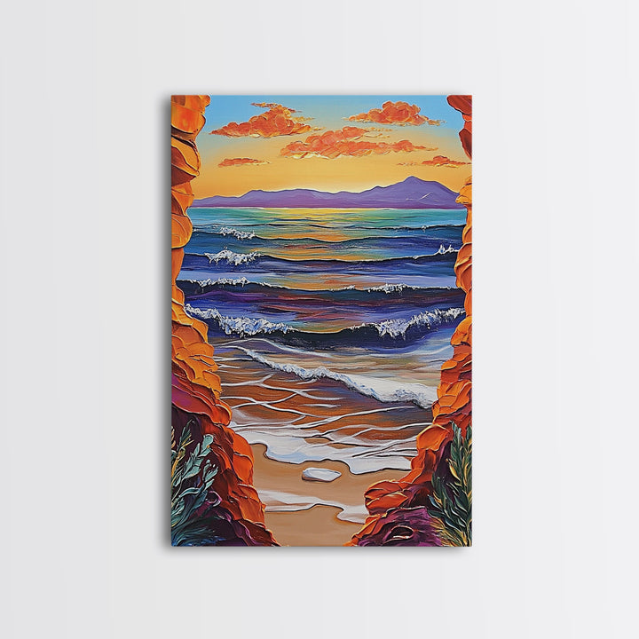 Ocean Horizon, Cliffside View, Sunset Waves, Peaceful Seascape, Framed Canvas Print, Living Room Wall Art, Beach Window View