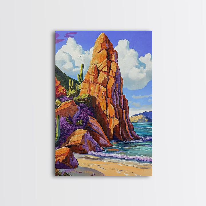 Rocky Spire, Cactus Landscape, Desert Coastline, Nature Escape, Framed Canvas Print, Western Wall Art, Adventure Travel Aesthetic