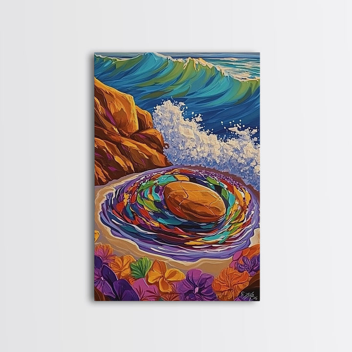 Ocean Spiral Stones, Coastal Zen Art, Sea Energy Waves, Framed Canvas Print, Boho Beach Wall Art, Meditation Room Decor, Nature Spiritual Art