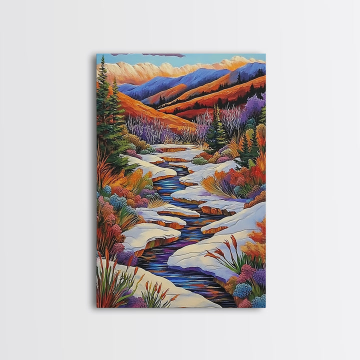 Autumn Snow Creek, Mountain Fall Scene, Nature River Painting, Framed Canvas Print, Cozy Living Room Wall Art, Rustic Cabin Style