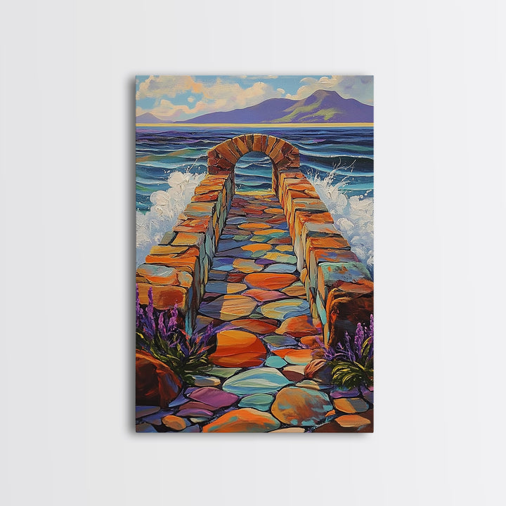 Ocean Stone Path Painting, Canvas Print, Coastal entryway art, vibrant beach decor, boho landscape print, nautical wall piece