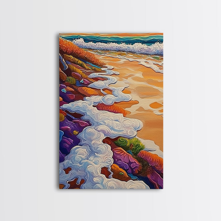 Ocean Shore Foam, Abstract Beach Scene, Coastal Texture Art, Framed Canvas Print, Summer Bathroom Wall Art, Vibrant Seaside Style