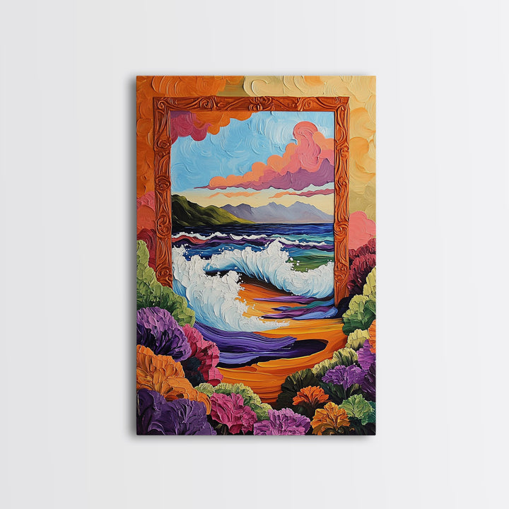 Ocean Frame, Crashing Waves, Surreal Seascape, Floral Shoreline, Framed Canvas Print, Coastal Wall Art, Bathroom Decor, Dreamy Beach Art