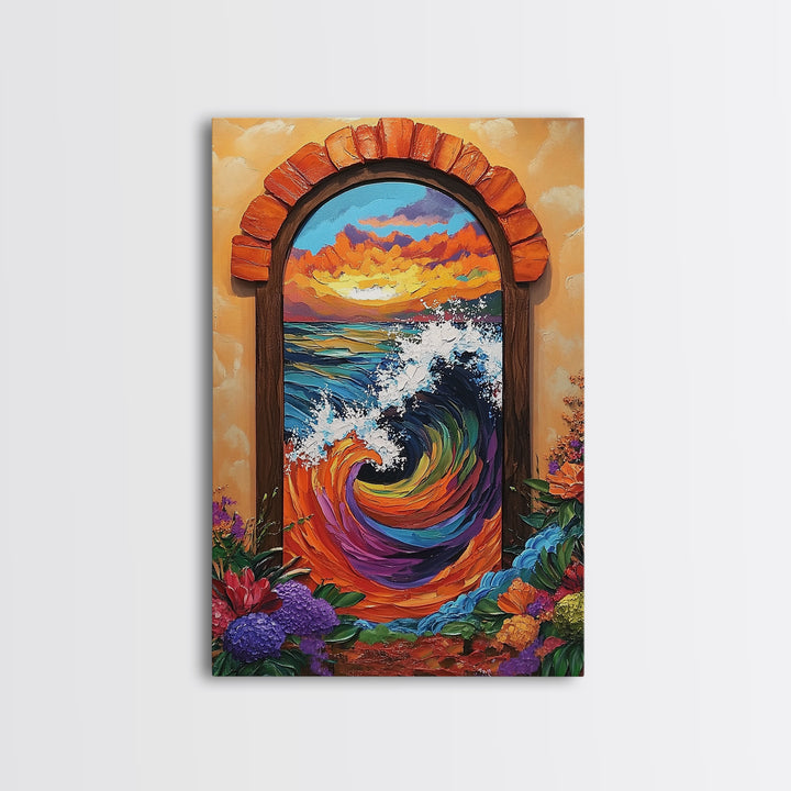Ocean Wave Portal, Whimsical Sea Art, Sunset Coastal Decor, Framed Canvas Print, Living Room Accent, Vivid Nautical Painting