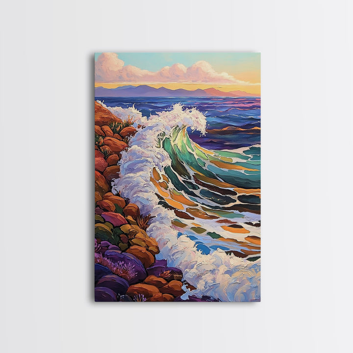 Crashing Ocean Wave, Rocky Coastline Scene, Vibrant Beach Art, Framed Canvas Print, Nature Inspired, Coastal Living Room Wall Art