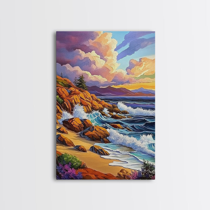 Rocky Beach Landscape, Dramatic Sky Scene, Coastal Ocean View, Canvas Print, Fall Nature Decor, Living Room Wall Art