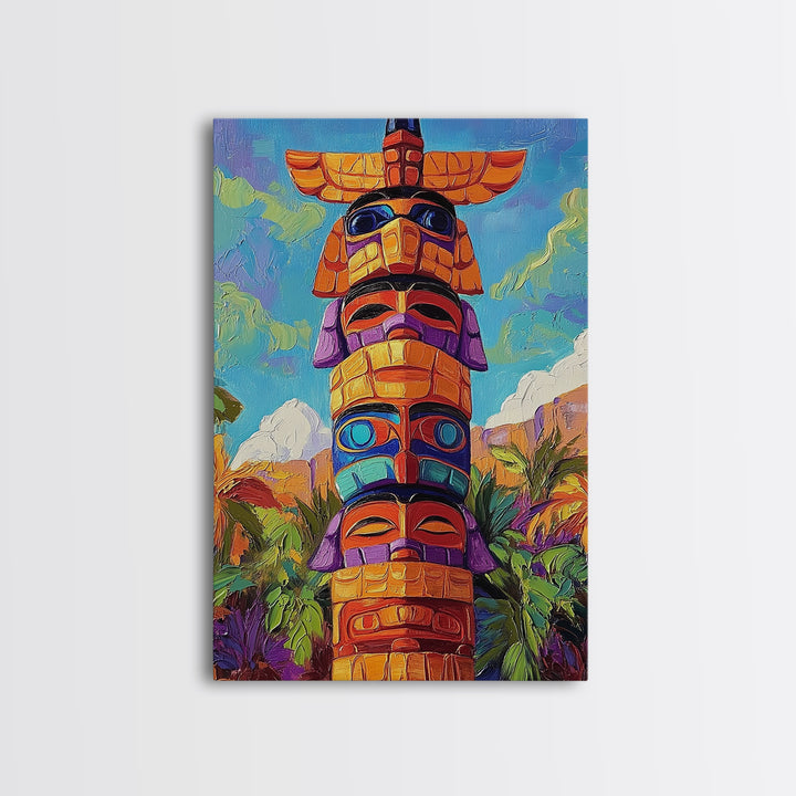 Totem Pole Painting, Tribal Inspired Decor, Canvas Print, Vibrant Wall Art, Boho Art Style, Entryway Statement Art, Unique Cultural Art