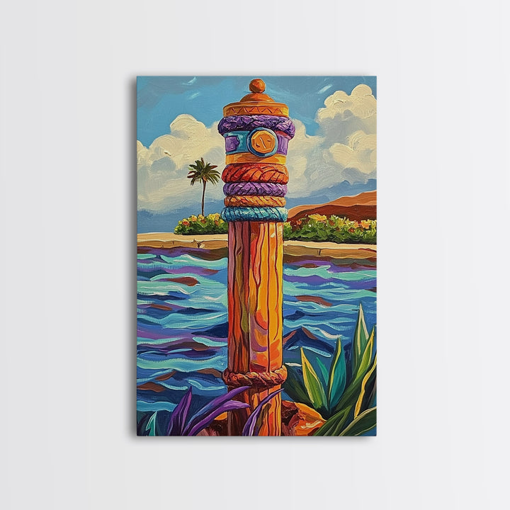 Nautical Pole Art, Tropical Shoreline Decor, Canvas Print, Coastal Boho Wall Art, Bathroom Beach Theme, Island Inspired Design