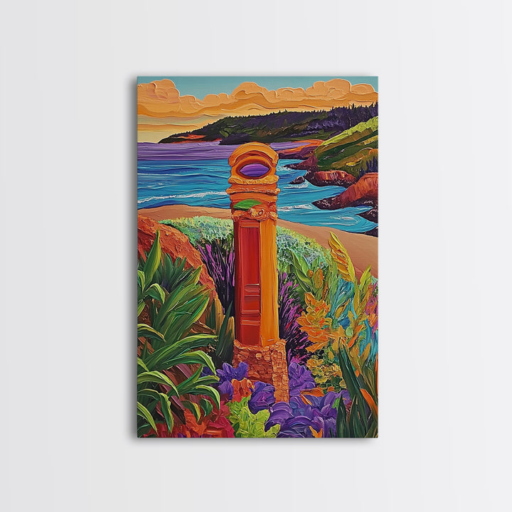 Coastal Landmark Art, Beach Garden View, Framed Canvas Print, Vibrant Landscape Wall Art, Sunroom Decor, Bright Coastal Scene