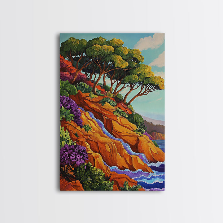 Cliffside Trees Flow, Coastal Waterfall Art, Canvas Print, Scenic Nature Wall Decor, Spa Bathroom Wall Art, Tranquil Landscape Scene
