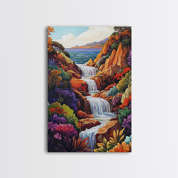 Cascading Falls, Ocean Cliffs, Tropical Flowers, Bold Nature, Framed Canvas Print, Living Room Wall Art, Maximalist Decor, Beach Art