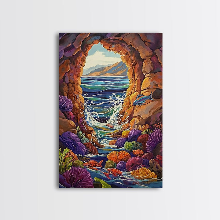 Ocean Cave Window, Underwater Scene, Marine Life, Coral Reef, Framed Canvas Print, Bathroom Wall Art, Coastal Decor, Nautical Art