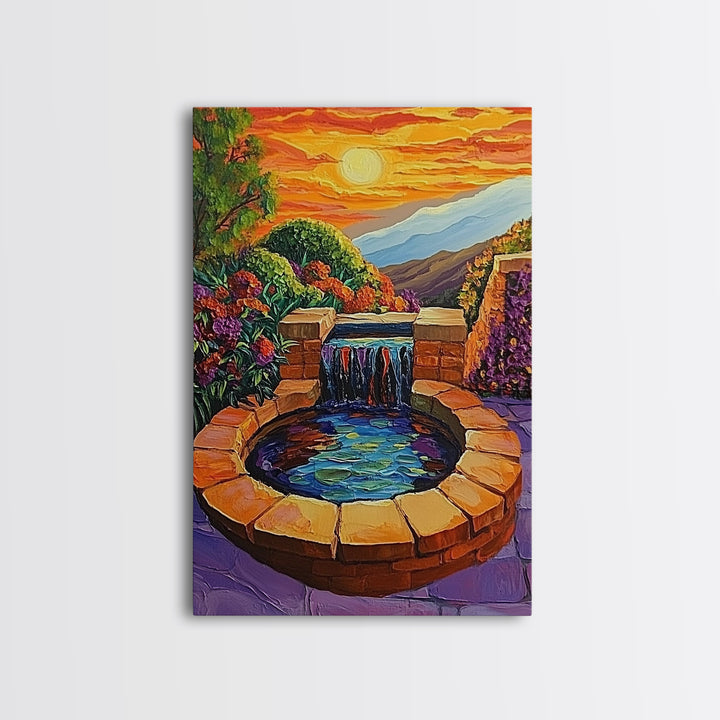 Brick Fountain Sunset, Peaceful Garden Oasis, Warm Tones, Autumn Wall Art, Framed Canvas Print, Serene Patio or Hallway Decor