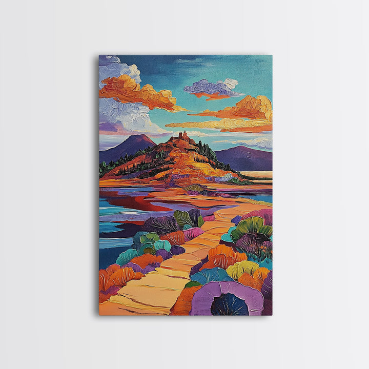 Desert Pathway Painting, Vibrant Mountain Scene, Colorful Earthy Art, Framed Canvas Print, Rustic Hallway Wall Art, Fall Colors