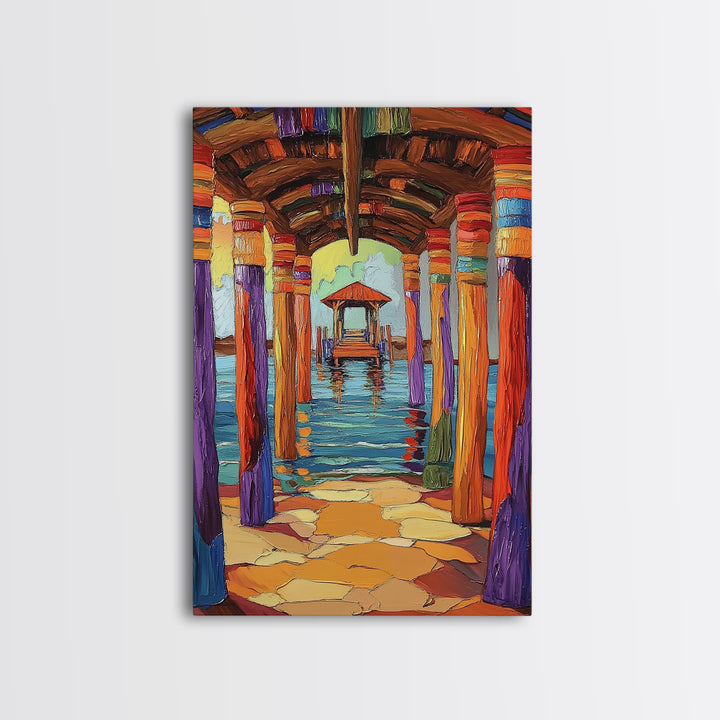 Dock Walkway, Tropical Pier, Ocean View, Beach Art, Framed Canvas Print coastal home decor, hallway wall art, vibrant nautical painting