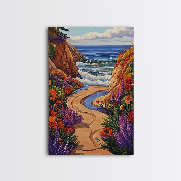 Coastal Path, Floral Trail, Ocean View, Beach Landscape, Framed Canvas Print, boho art, hallway decor, tropical wall art, beach house art