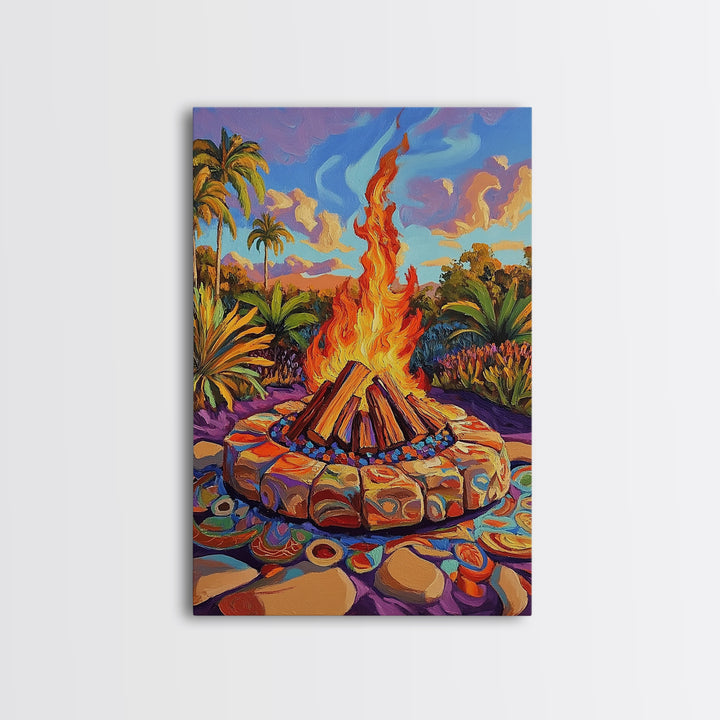 Campfire Palm Trees, Flame, Sunset, Framed Canvas Print tropical bonfire art, cozy fire pit painting, Fall decor, outdoor living room wall art