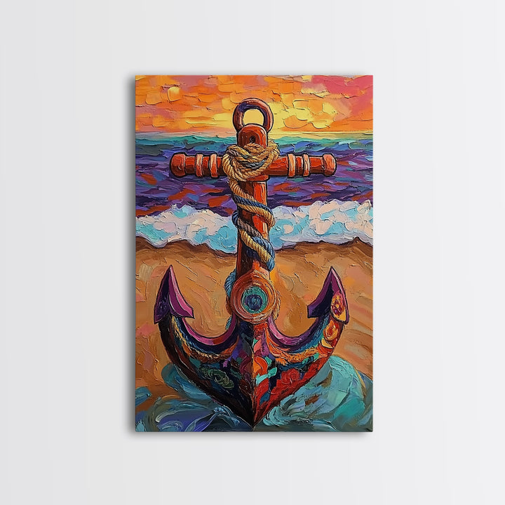 Nautical Anchor, Sunset, Coastal, Framed Canvas Print, ocean sunset art, beach house decor, rustic nautical theme, Living Room or Office