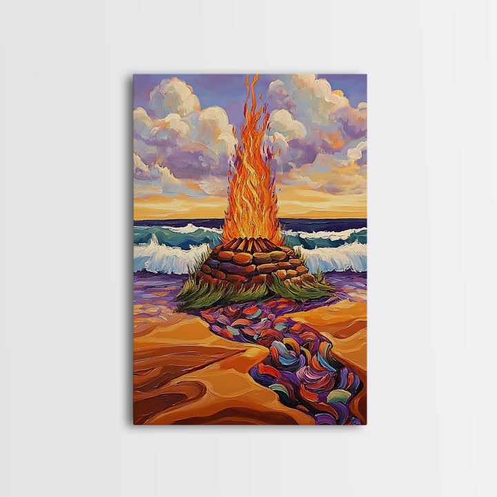 Bonfire Beach, Twilight, Ocean, Framed Canvas Print fire pit artwork, vibrant beach decor, ocean waves and flames, Fall living room wall art