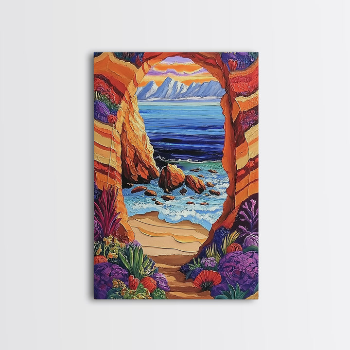 Coastal Archway, Ocean, Escape, Framed Canvas Print bold beach cave painting vivid seascape arch view boho tropical living room wall decor
