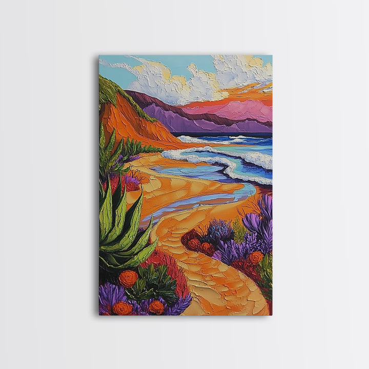 Beach Path, Sunset, Bliss, Canvas Print, tropical beach decor, bold wall art, coastal boho artwork, vibrant summer vibes, Bathroom or Hallway