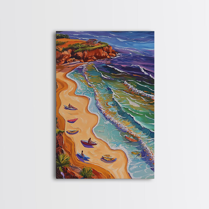 Beach Waves, Boats, Aerial Coastal Landscape, Framed Canvas Print, Boho Ocean Art, Bathroom Wall Decor, Vibrant Nautical Artwork